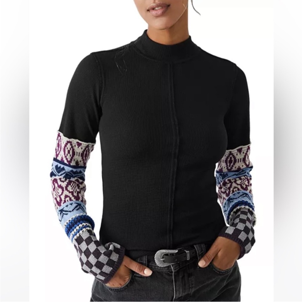 Free People We The Free Black Knit Top Gorgeous Cuff Tee Long Sleeve